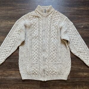 Shannon Woolen Mills Soft Irish Wool Cable Knit Creme Cardigan Sweater Size XL